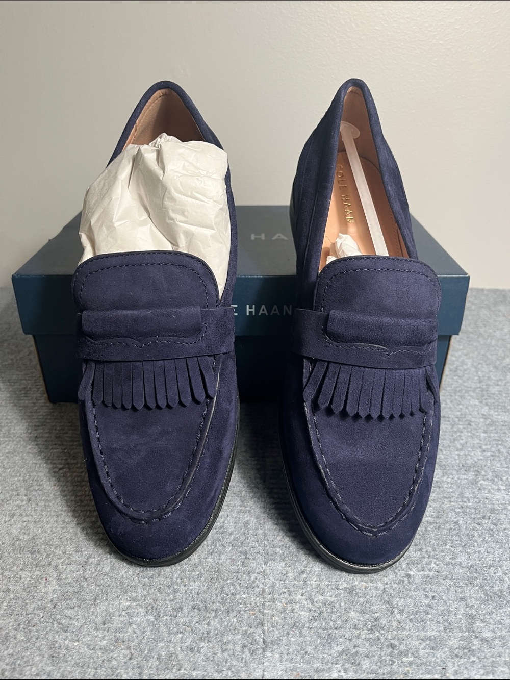 Cole Haan Navy Suede Kiltie Penny Loafers